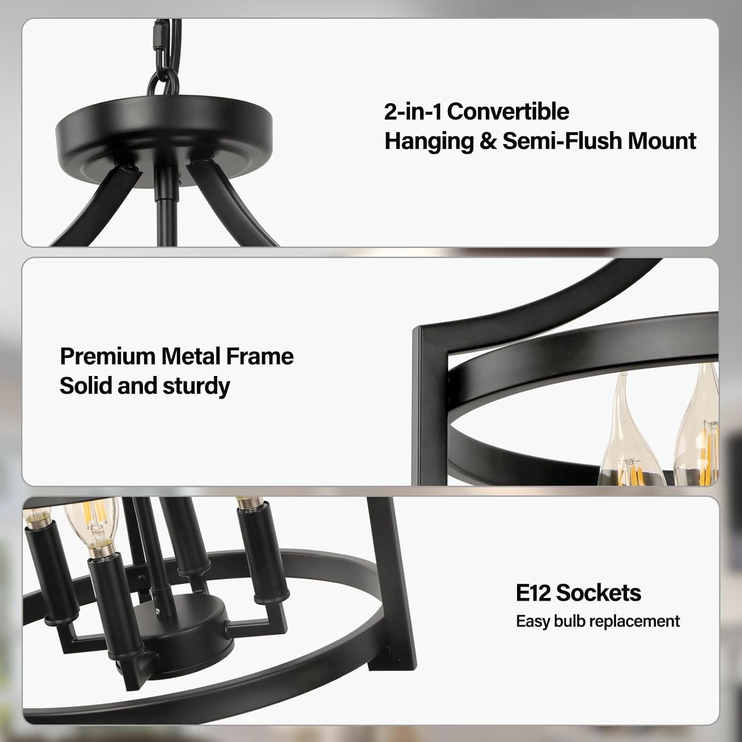 4-Light Farmhouse Chandelier, Modern Hanging Pendant Lighting,