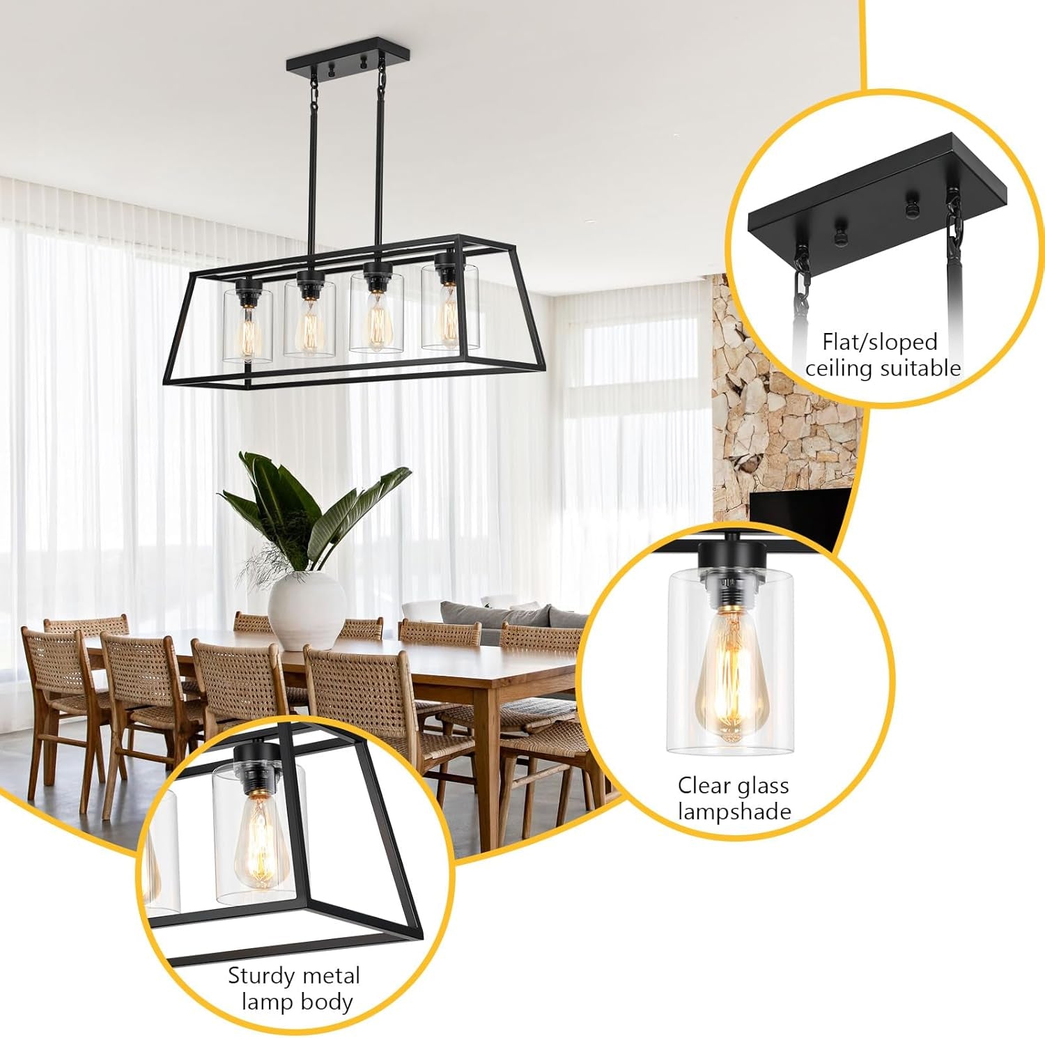 4-Light Black Farmhouse Chandelier Clear Glass Dining