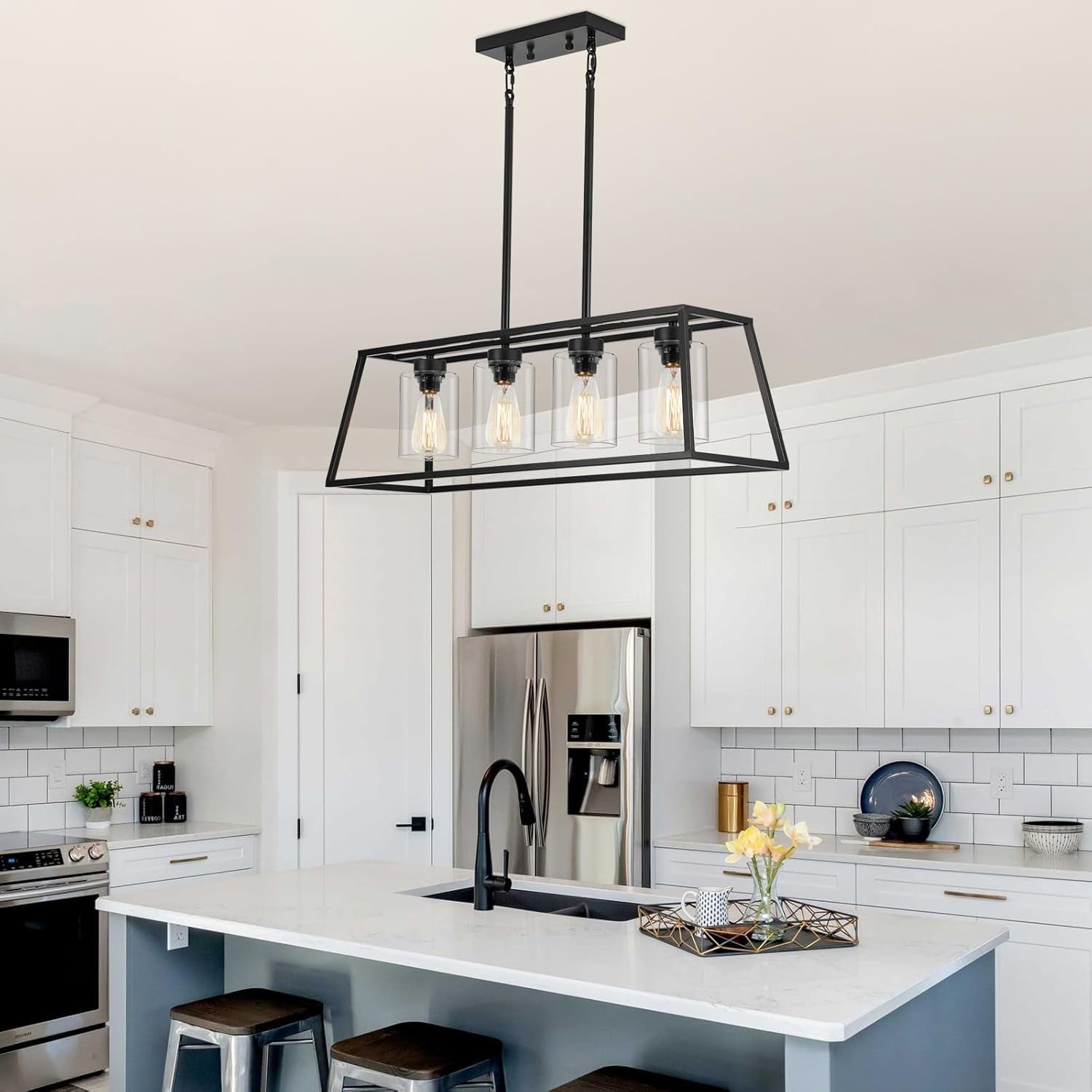4-Light Black Farmhouse Chandelier Clear Glass Dining