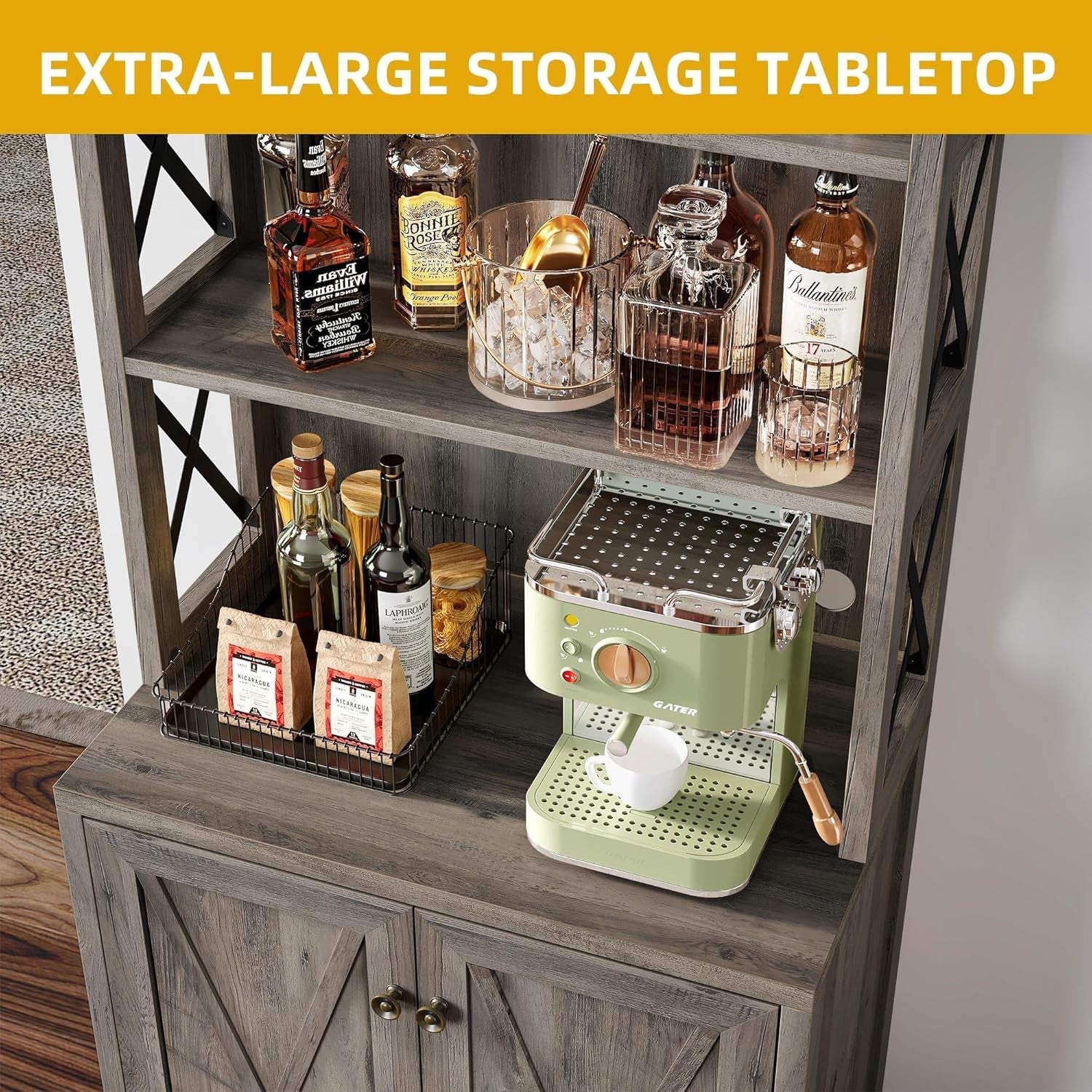 67" Farmhouse Wine Bar Cabinet Liquor Glasses Grey