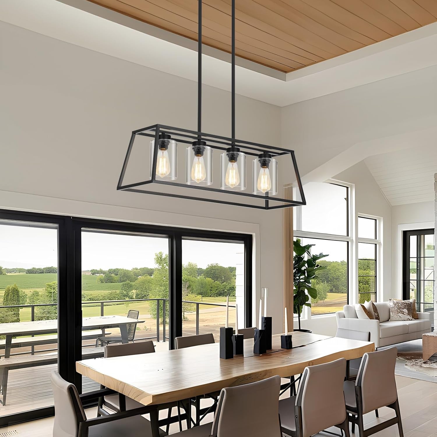 4-Light Black Farmhouse Chandelier Clear Glass Dining