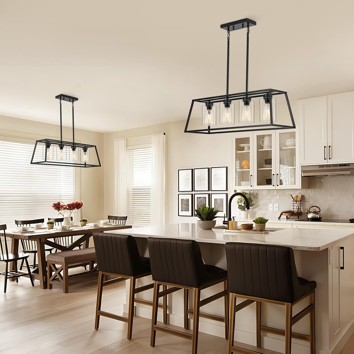 4-Light Black Farmhouse Chandelier Clear Glass Dining