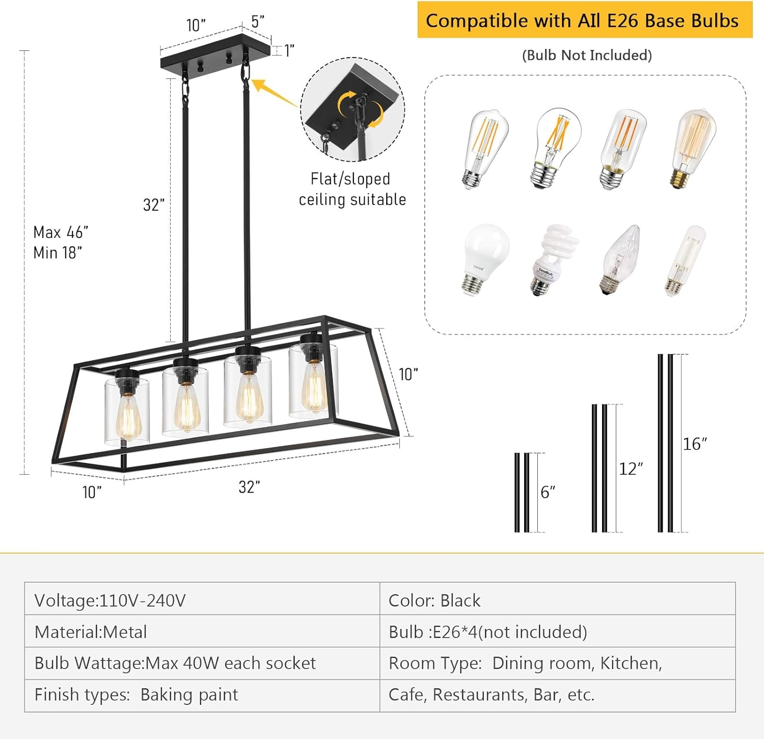 4-Light Black Farmhouse Chandelier Clear Glass Dining
