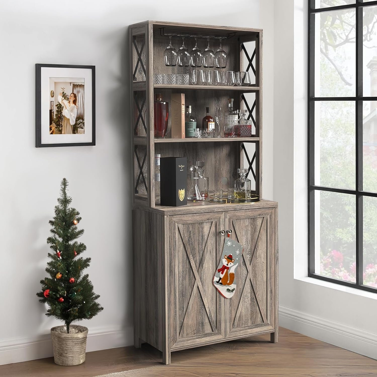 67" Farmhouse Wine Bar Cabinet Liquor Glasses Grey