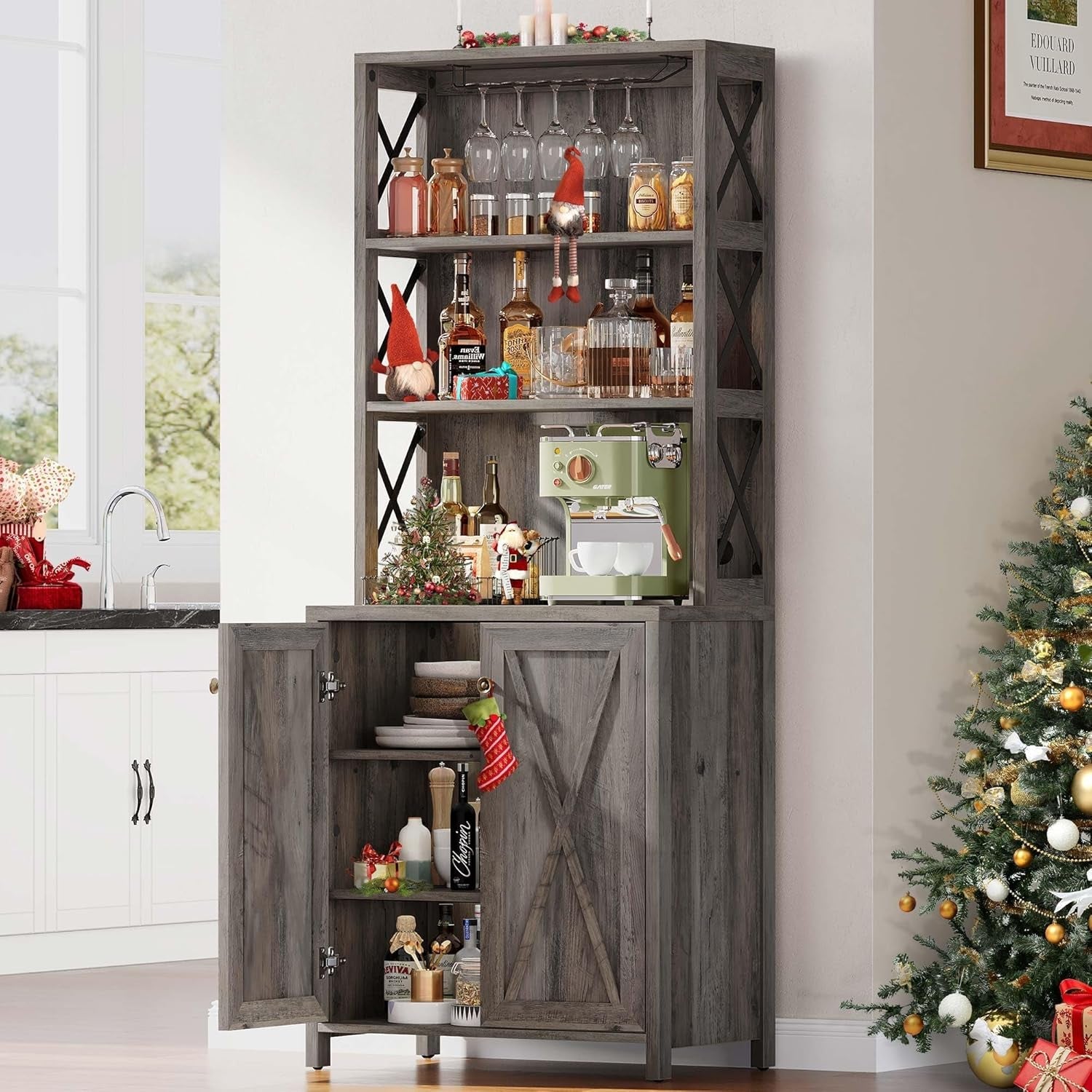 67" Farmhouse Wine Bar Cabinet Liquor Glasses Grey