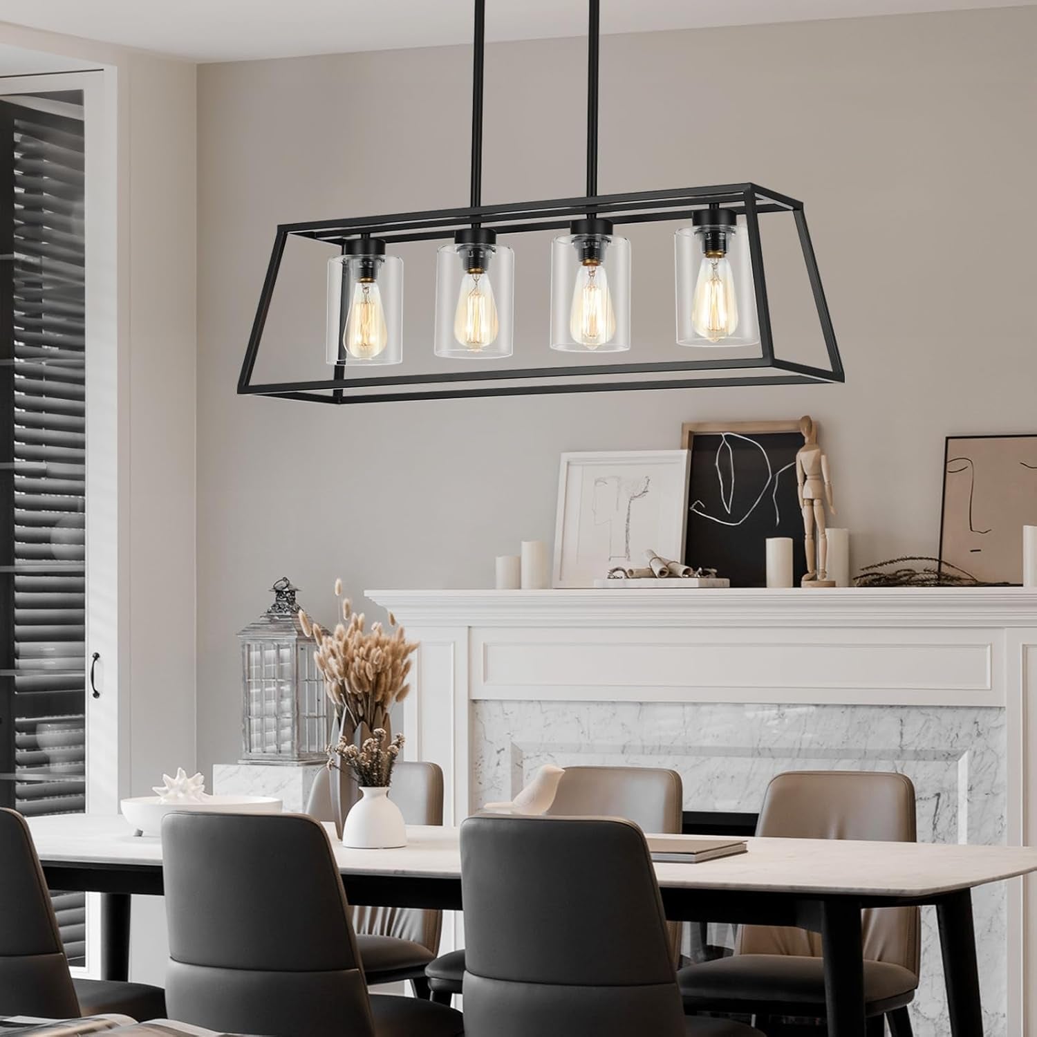 4-Light Black Farmhouse Chandelier Clear Glass Dining