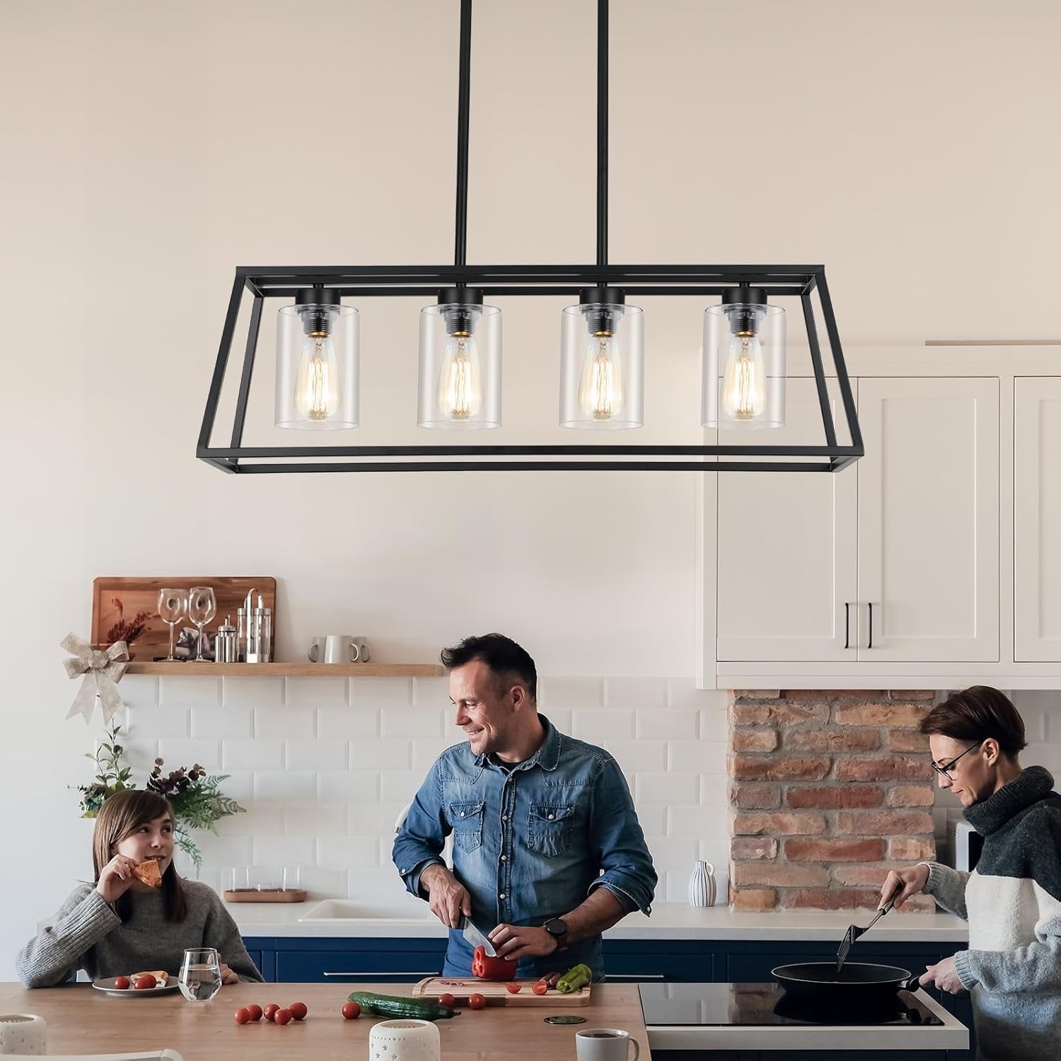 4-Light Black Farmhouse Chandelier Clear Glass Dining